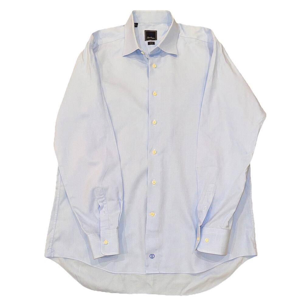 David Donahue Trim Mens Dress Shirt Size 17.5 34/35 Blue Button Up Cotton